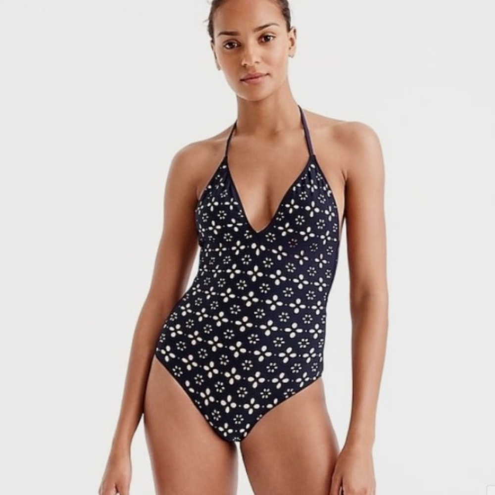 J. CREW Classic Halter Style Laser Cut Eyelet One Piece Swimsuit Navy 14 NWT